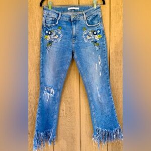 Zara Blue Floral Embroidered Fringe Jeans 6